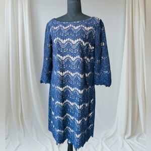 Elegant Jessica Howard Navy Tan Lace Shift Dress Three Quarter Sleeve Formal 14